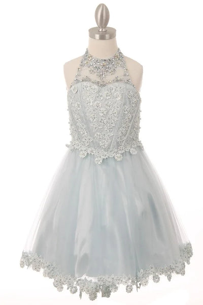 Girl party dress with a halter neckline and with pearls and jewels