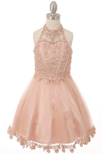 Girl party dress with a halter neckline and with pearls and jewels