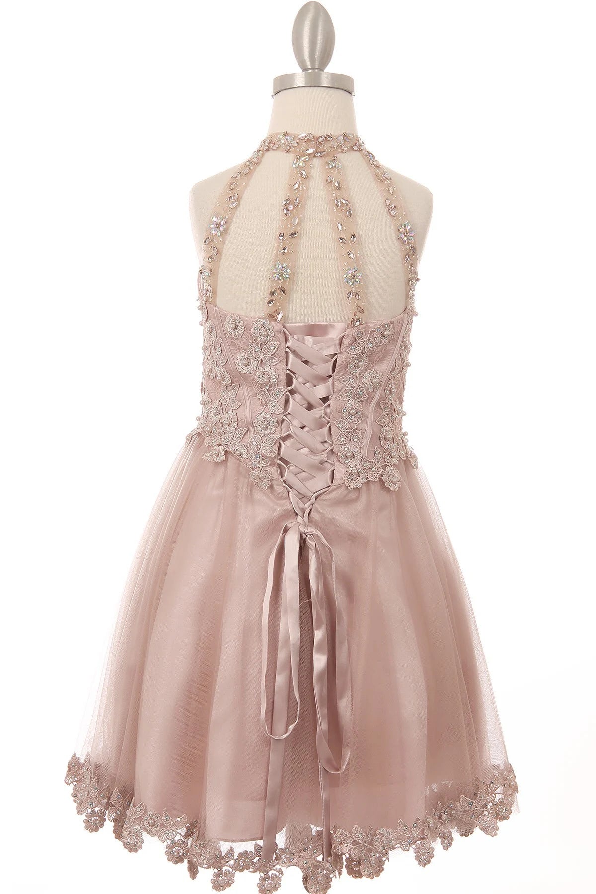 Girl party dress with a halter neckline and with pearls and jewels