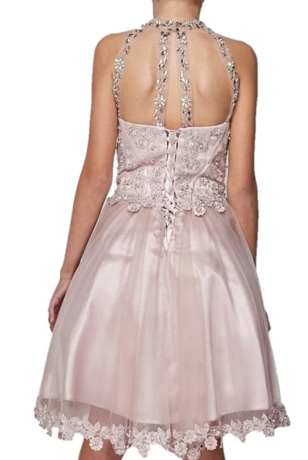 Girl party dress with a halter neckline and with pearls and jewels