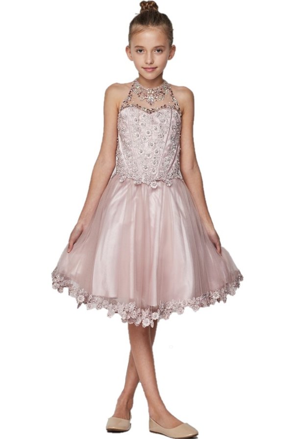 Girl party dress with a halter neckline and with pearls and jewels