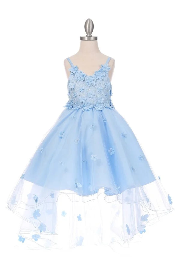 Girl high and low tulle dress embedded in 3d flower