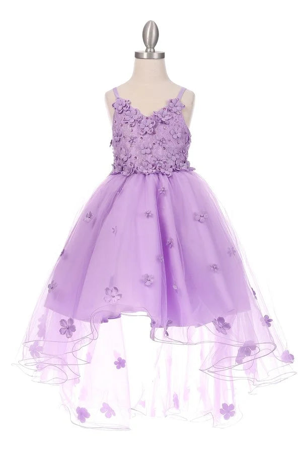 Girl high and low tulle dress embedded in 3d flower