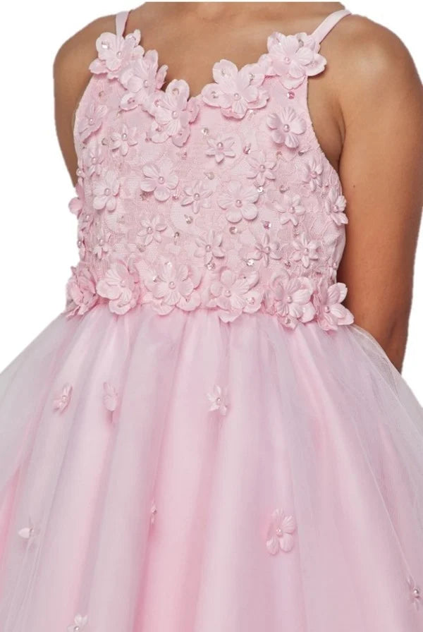 Girl high and low tulle dress embedded in 3d flower