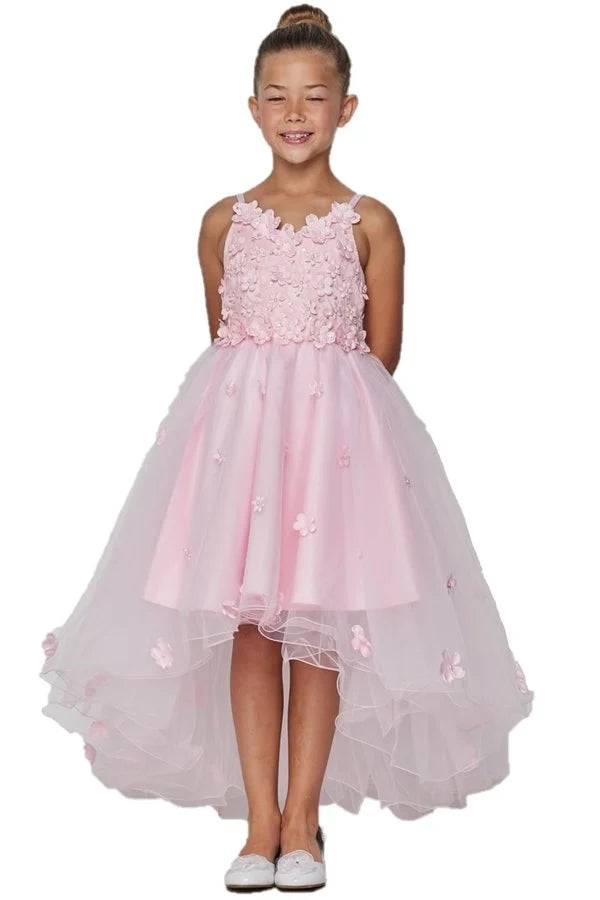 Girl high and low tulle dress embedded in 3d flower