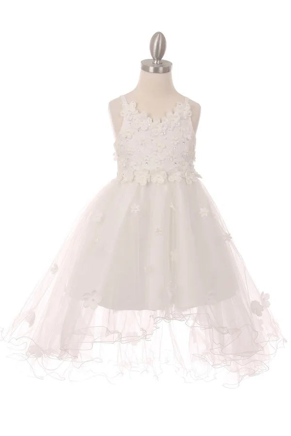 Girl high and low tulle dress embedded in 3d flower