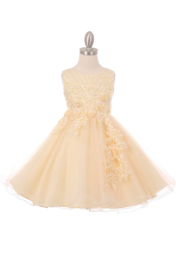 Girl elegant 3d pearl beaded flower glitter tulle dress