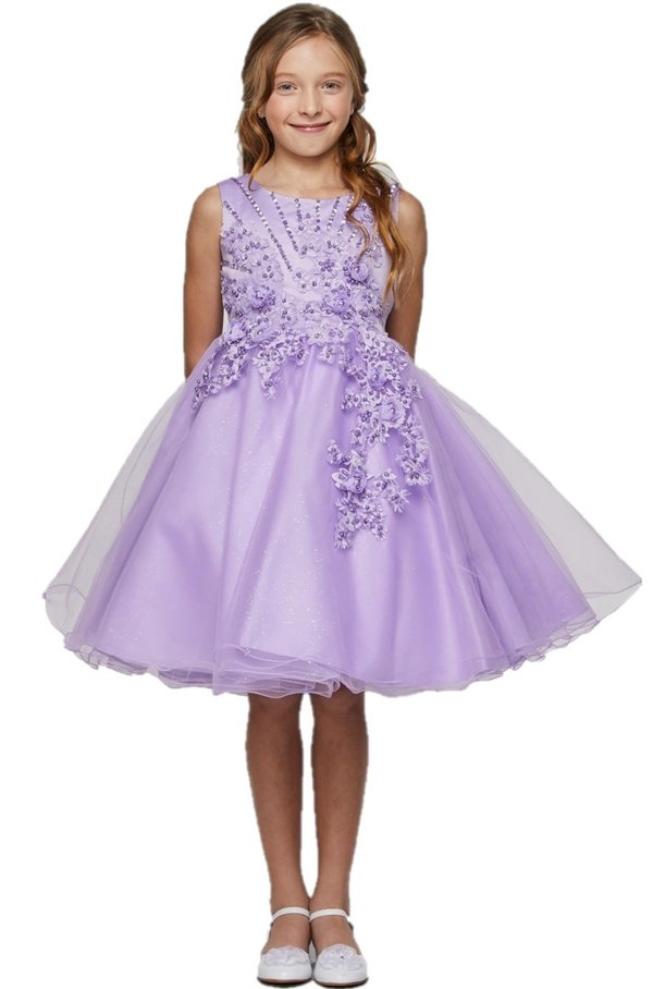 Girl elegant 3d pearl beaded flower glitter tulle dress