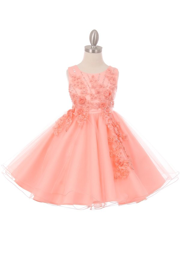 Girl elegant 3d pearl beaded flower glitter tulle dress