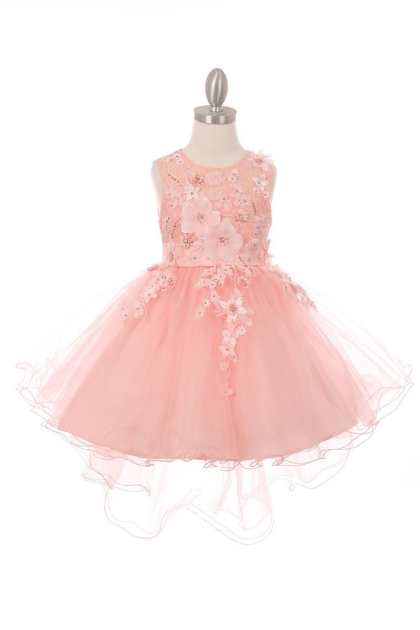 Girl sleeveless tulle low skirt dress with 3d flowers