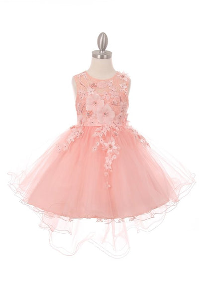 Girl sleeveless tulle low skirt dress with 3d flowers