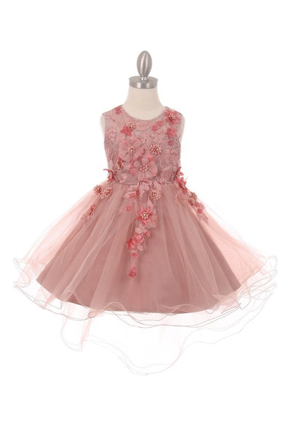 Girl sleeveless tulle low skirt dress with 3d flowers