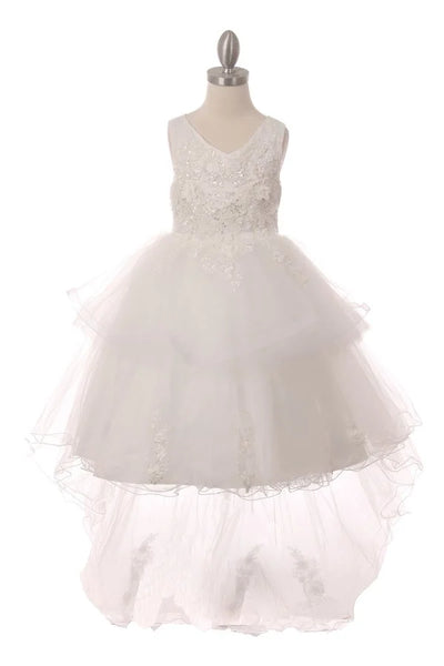 Girl elegant hand crafted lace appliques with sequin pearl beads with V neck dress and 9 layers of skirt