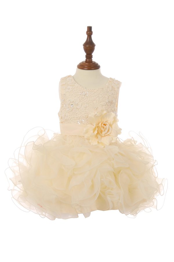 Little girl baby cute lace sequin top with ruffle tulle skirt dress accented with big flower