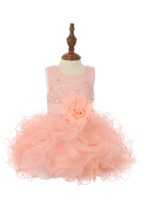 Little girl baby cute lace sequin top with ruffle tulle skirt dress accented with big flower