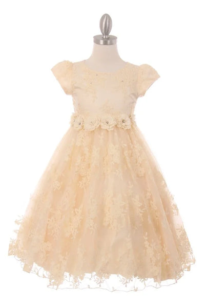 Girl elegant French Chantilly lace cap sleeve T-length dress with chiffon flowers with rhinestone