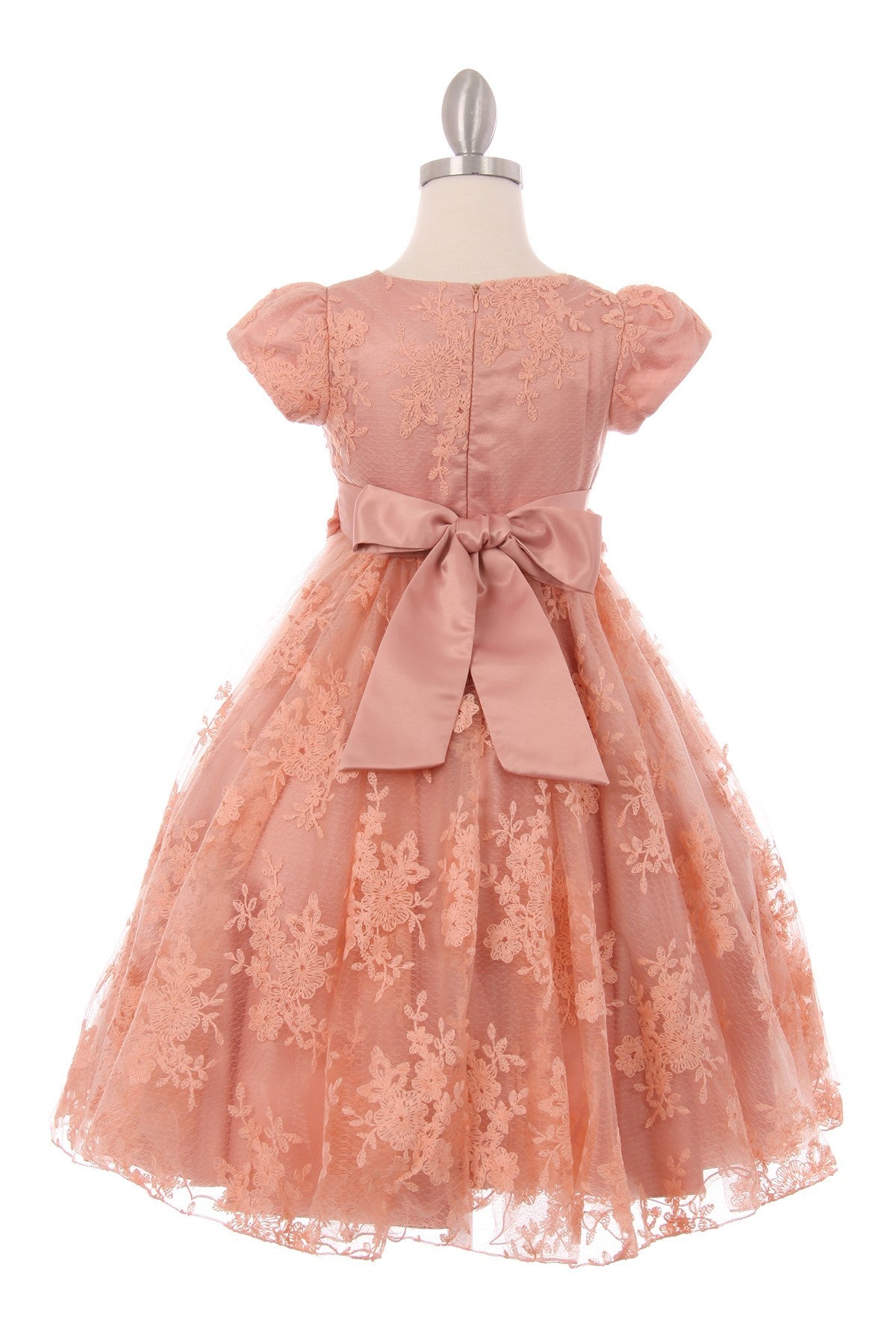 Girl elegant French Chantilly lace cap sleeve T-length dress with chiffon flowers with rhinestone