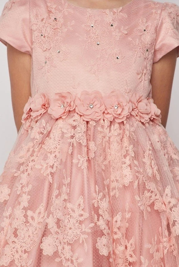 Girl elegant French Chantilly lace cap sleeve T-length dress with chiffon flowers with rhinestone