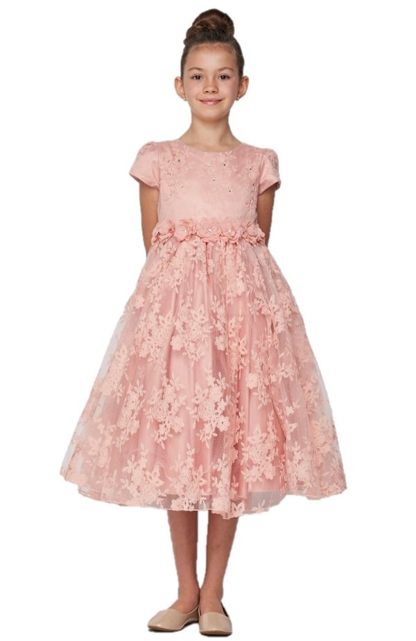 Girl elegant French Chantilly lace cap sleeve T-length dress with chiffon flowers with rhinestone