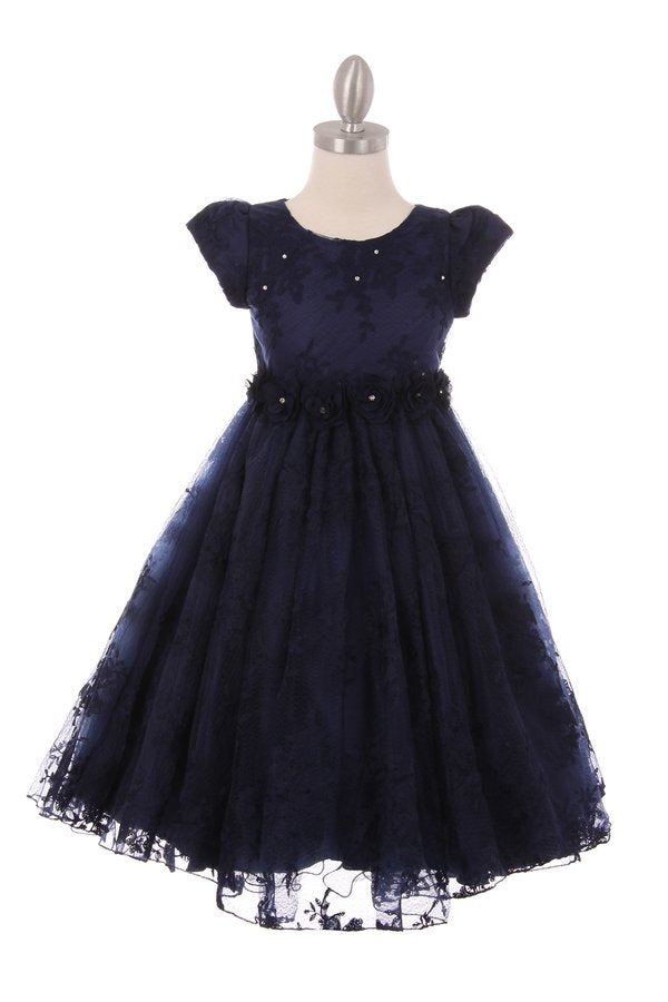 Girl elegant French Chantilly lace cap sleeve T-length dress with chiffon flowers with rhinestone