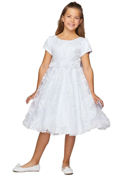 Girl elegant French Chantilly lace cap sleeve T-length dress with chiffon flowers with rhinestone