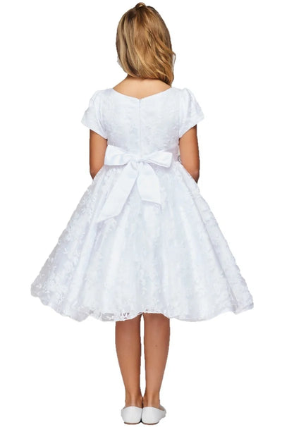 Girl white dress with  french chantilly lace cap sleeve T-length dress with chiffon flowers with rhinestone, satin back sashes