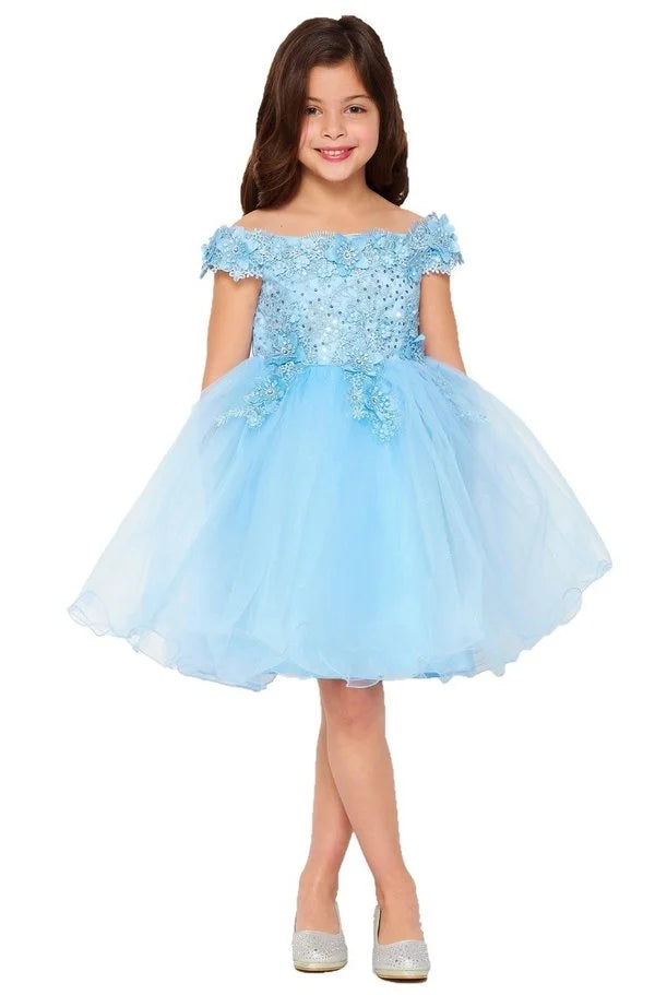 Girl gorgeous off the shoulder dress with lace decorated in 3d flowers and rhinestone with sparkling glitter