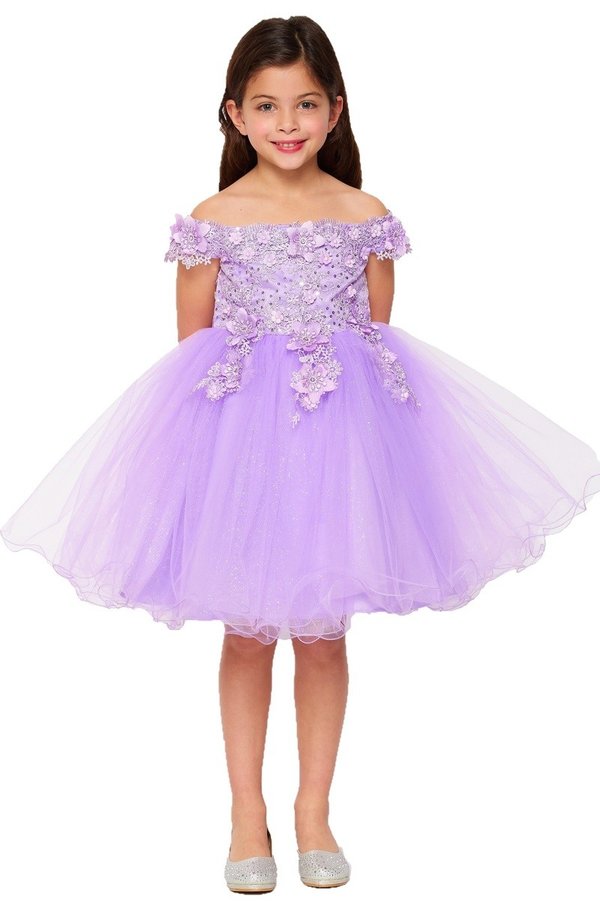 Girl gorgeous off the shoulder dress with lace decorated in 3d flowers and rhinestone with sparkling glitter