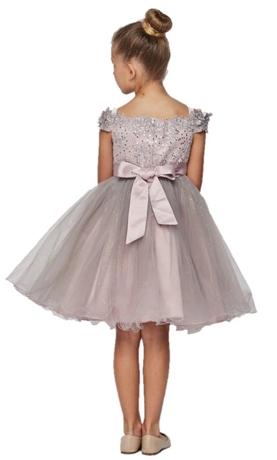 Girl gorgeous off the shoulder dress with lace decorated in 3d flowers and rhinestone with sparkling glitter