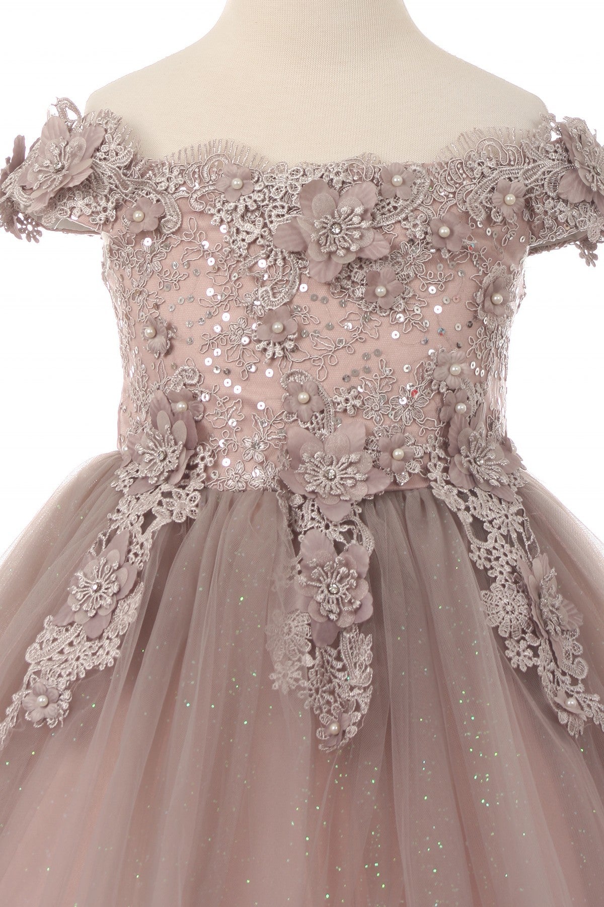 Girl gorgeous off the shoulder dress with lace decorated in 3d flowers and rhinestone with sparkling glitter