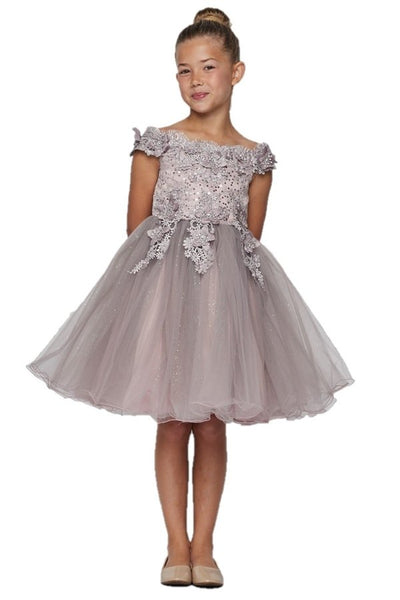 Girl gorgeous off the shoulder dress with lace decorated in 3d flowers and rhinestone with sparkling glitter