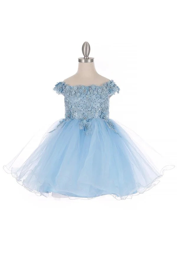 Little baby girl gorgeous off the shoulder dress with lace decorated in 3d flowers and rhinestone and glitter tulle skirt