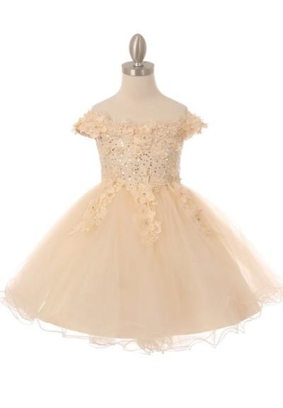 Little baby girl gorgeous off the shoulder dress with lace decorated in 3d flowers and rhinestone and glitter tulle skirt