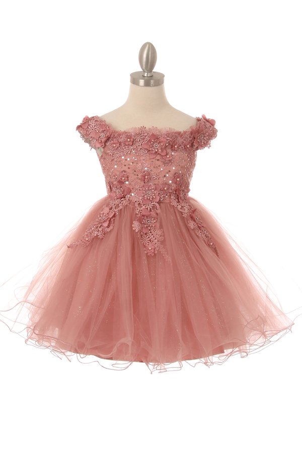 Little baby girl gorgeous off the shoulder dress with lace decorated in 3d flowers and rhinestone and glitter tulle skirt