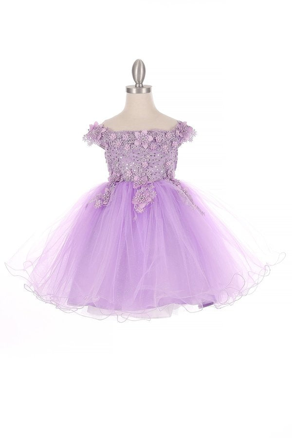 Little baby girl gorgeous off the shoulder dress with lace decorated in 3d flowers and rhinestone and glitter tulle skirt