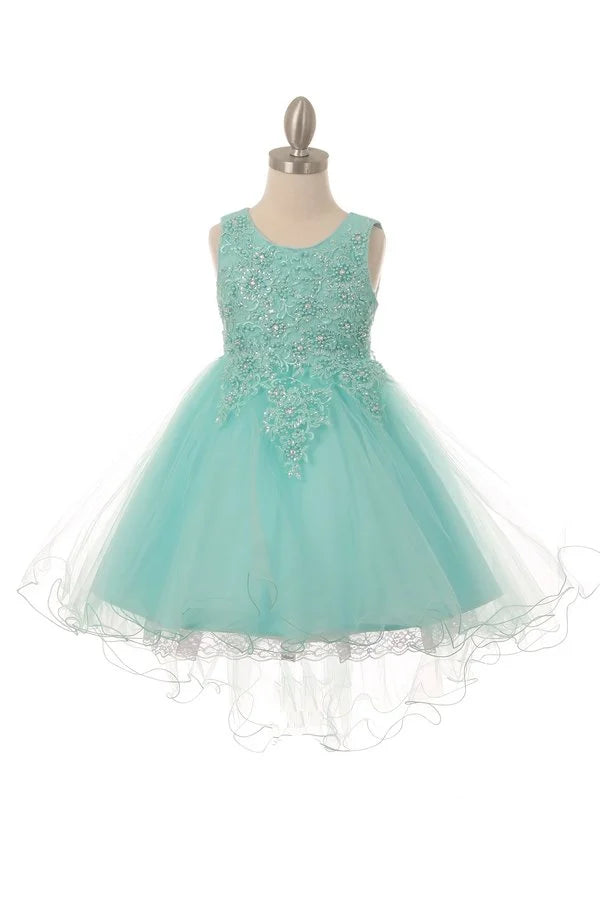 Girl stunning sleeveless tulle dress with beautiful top lace adorned with matching pearls and sparkling rhinestone