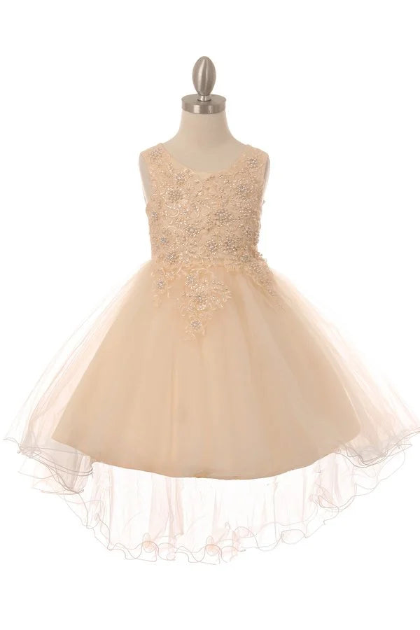 Girl stunning sleeveless tulle dress with beautiful top lace adorned with matching pearls and sparkling rhinestone