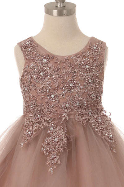 Girl stunning sleeveless tulle dress with beautiful top lace adorned with matching pearls and sparkling rhinestone