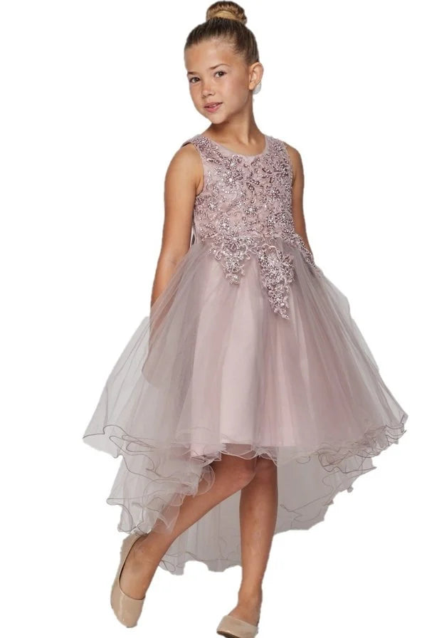 Girl stunning sleeveless tulle dress with beautiful top lace adorned with matching pearls and sparkling rhinestone