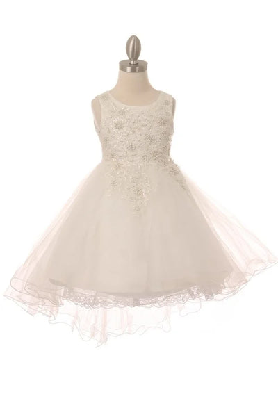 Girl stunning sleeveless tulle dress with beautiful top lace adorned with matching pearls and sparkling rhinestone