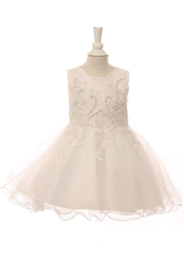 Little baby girl elegant Satin glittered tulle dress with embroidered pearls and white sequins and 3d patch wired skirt