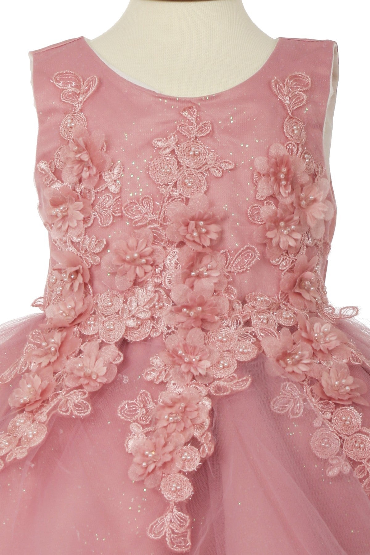 Little baby girl elegant lace dress with pearls beaded on 3d flowers and back satin sash and cotton lining