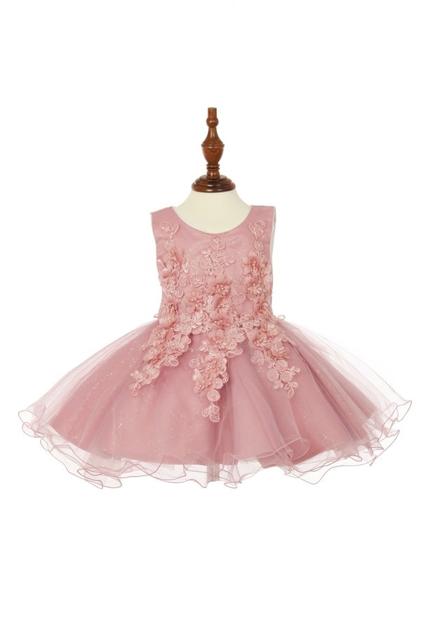 Little baby girl elegant lace dress with pearls beaded on 3d flowers and back satin sash and cotton lining