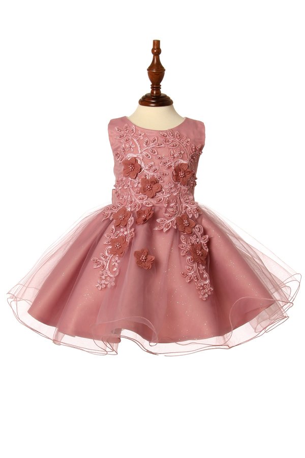 Little baby elegant pearl beaded 3d flower and glittered tulles layered skirt with satin sash