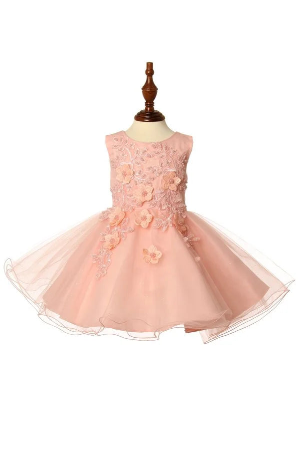 Little baby elegant pearl beaded 3d flower and glittered tulles layered skirt with satin sash