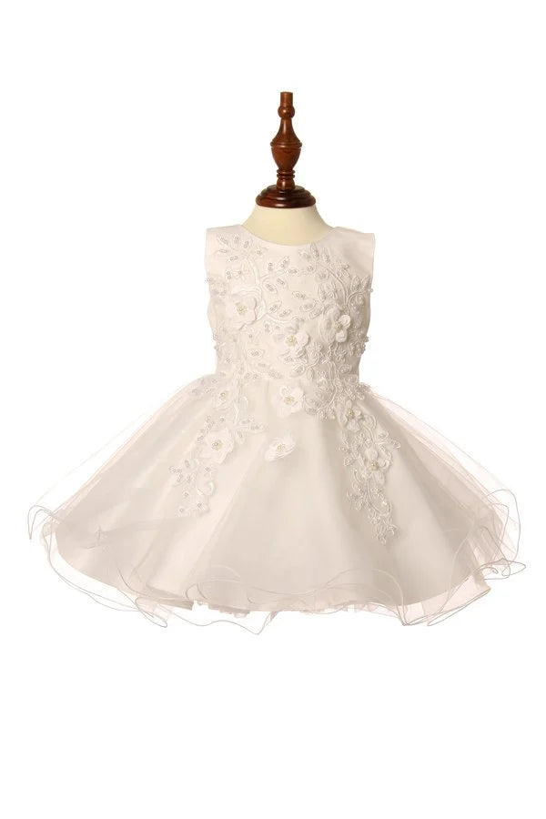 Little baby elegant pearl beaded 3d flower and glittered tulles layered skirt with satin sash