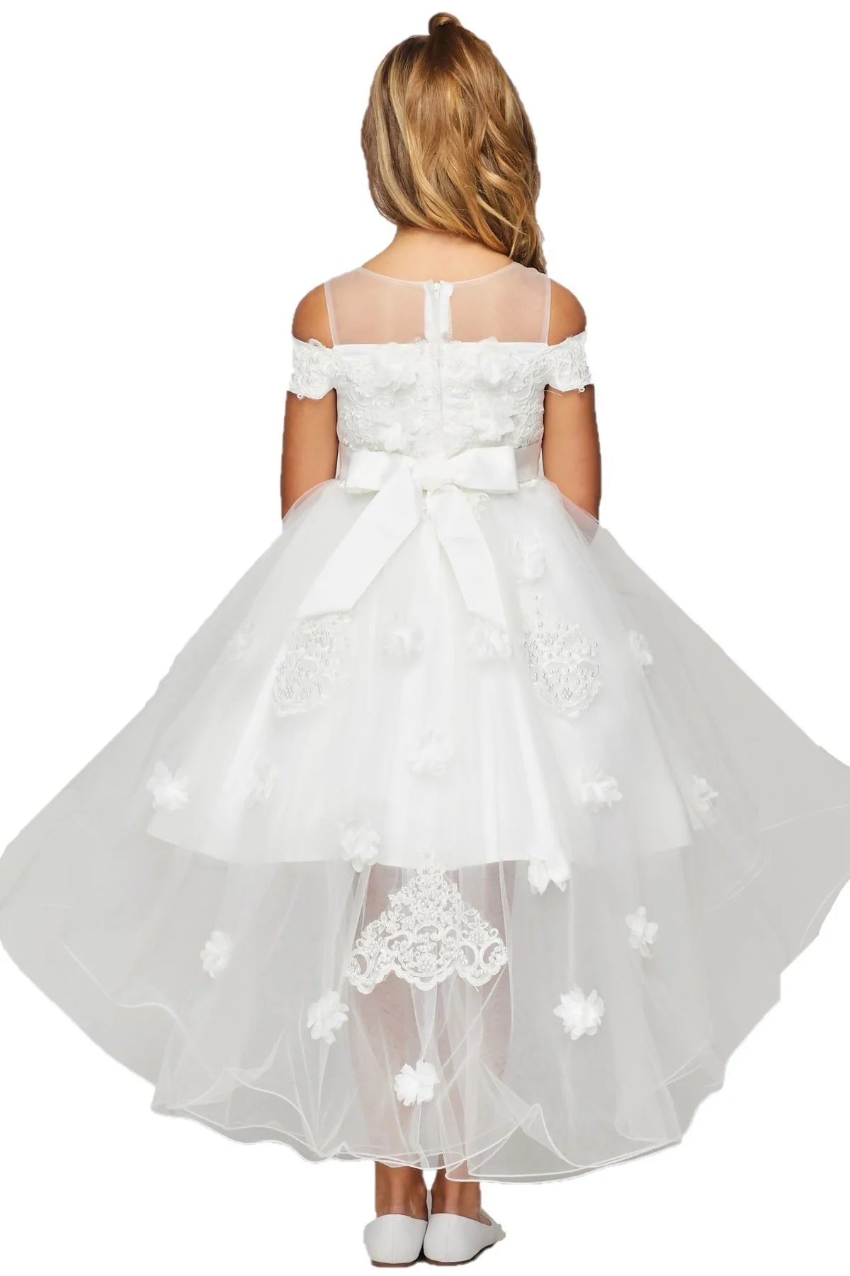 Girl elegant hand-crafted lace appliques with sequin pearl beads and off shoulder hi-low dress