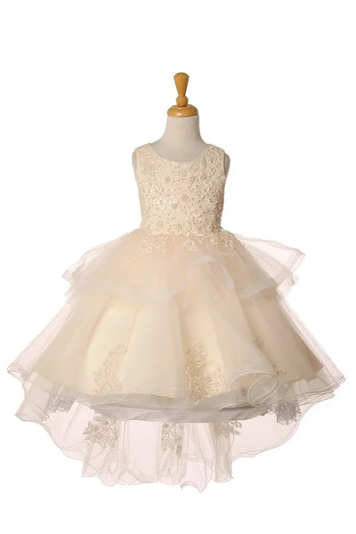 Girl elegant hand crafted lace appliques with sequin pearl beads and 9 layers of skirt with sash tie