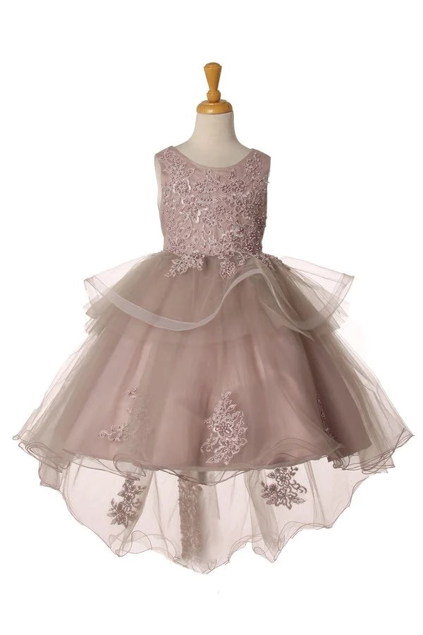 Girl elegant hand crafted lace appliques with sequin pearl beads and 9 layers of skirt with sash tie