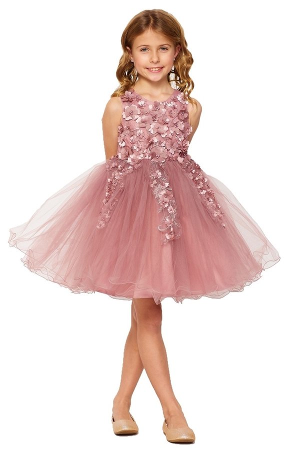 Girl elegant flower multi layered tulle dress with two tone 3d flowers